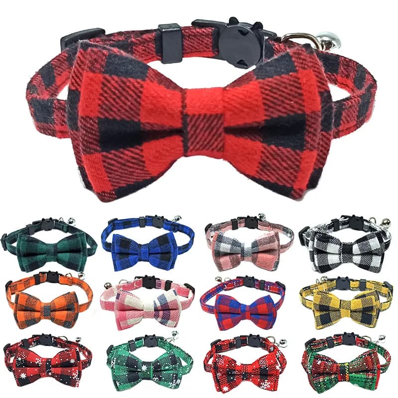 Pet Breakaway Cat Collar with Bow Tie & Bell - Red Plaid Christmas Edition